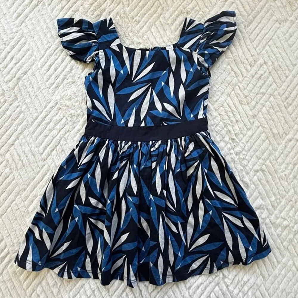 Okaidi Girls Size 5Y Blue Leaf Print Dress Flutter Sleeve Lined Cotton